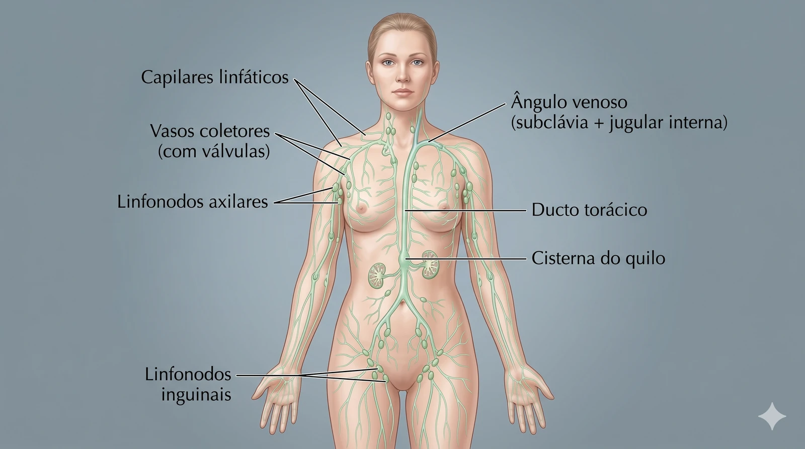 Fig. 1 — Sistema linfático: rede de capilares linfáticos, vasos coletores com válvulas, linfonodos axilares e inguinais, ducto torácico e cisterna do quilo — estruturas responsáveis pelo retorno do fluido intersticial à circulação venosa central.