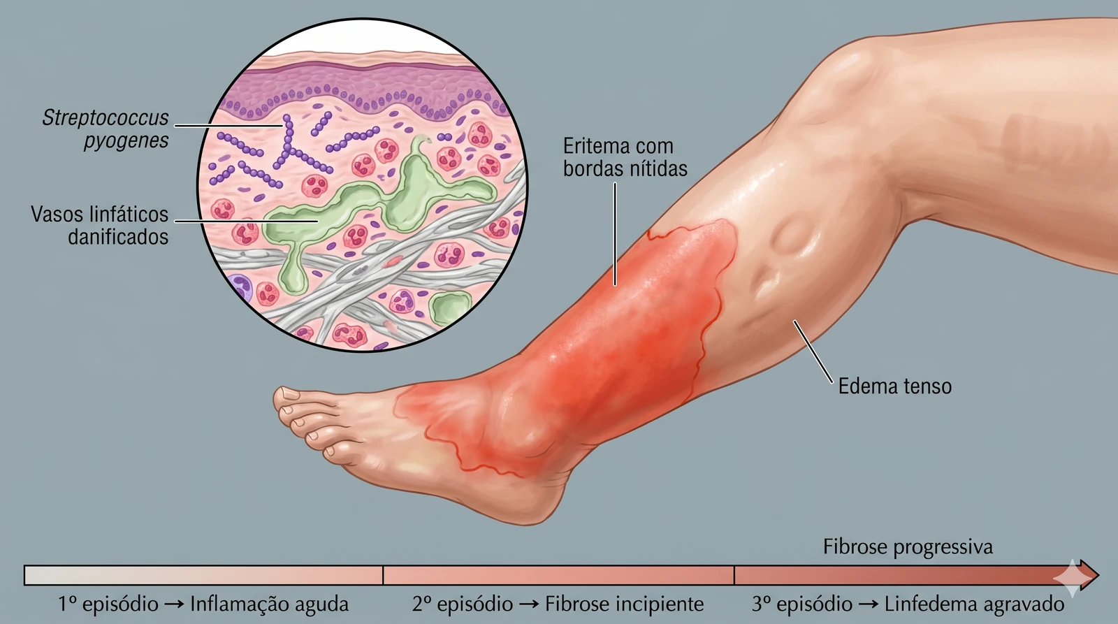 Fig. 2 — Erisipela de repetição: eritema com bordas nítidas e edema tenso causados por Streptococcus pyogenes, que danifica progressivamente os vasos linfáticos. Cada episódio agrava o linfedema por fibrose progressiva.