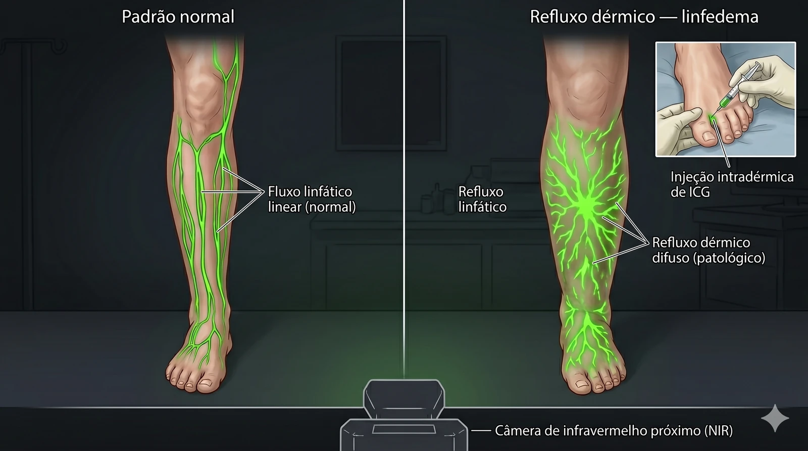 Fig. 6 — Linfografia com ICG (verde de indocianina): visualização em tempo real do fluxo linfático, permitindo identificar padrão dérmico e disfunção linfática precoce para diferenciação entre lipedema e linfedema.