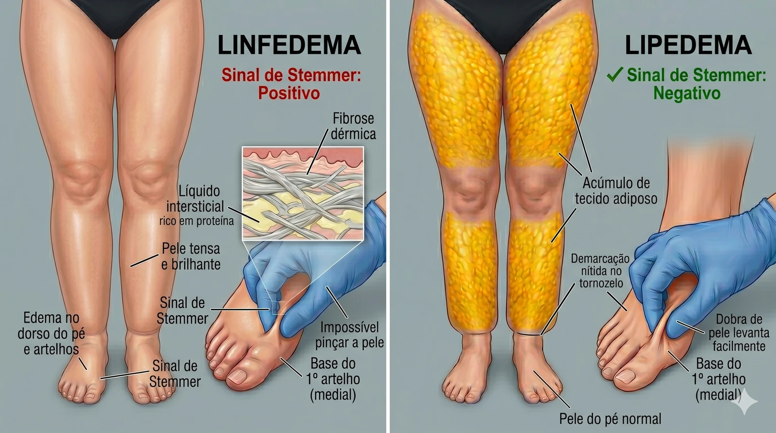 Fig. 3 — Sinal de Stemmer: linfedema (esquerda) com pele espessada na base do 1º artelho (hálux) — impossível de pinçar; lipedema (direita) com Stemmer negativo e pés preservados.