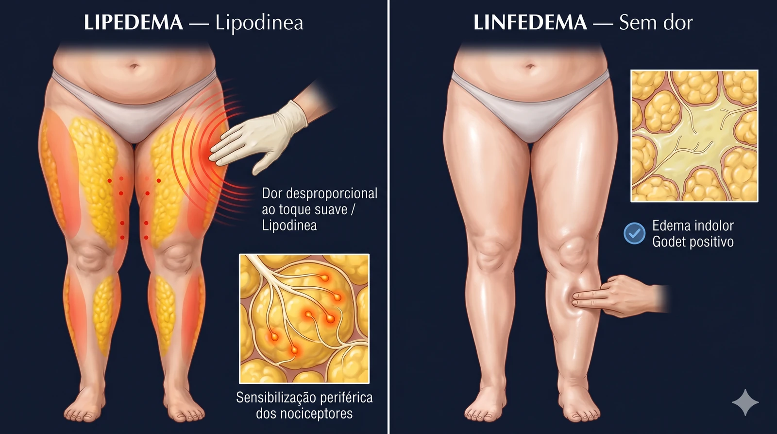 Fig. 4 — Lipodinea: dor desproporcional ao toque suave por sensibilização periférica dos nociceptores no lipedema (esquerda) versus linfedema sem dor com edema e sinal de Godet positivo (direita).