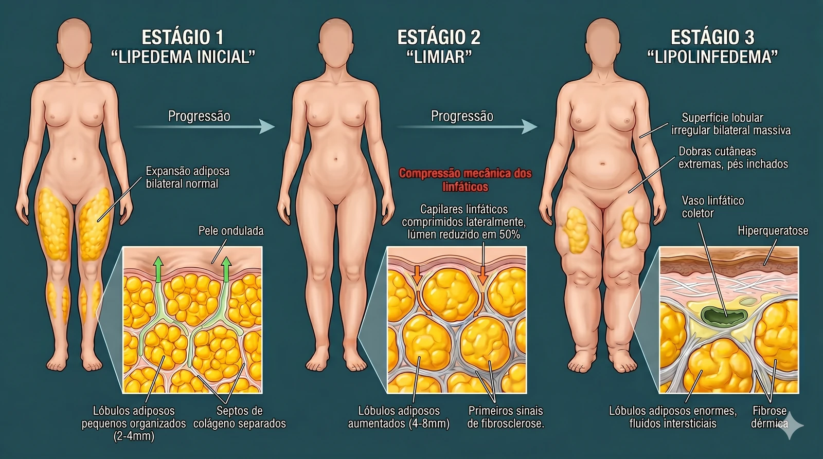 Fig. 5 — Progressão clínica: Estágio 1 (lipedema inicial, lóbulos 2–4 mm) → Estágio 2 (limiar — compressão mecânica dos linfáticos com lúmen reduzido em 50%) → Estágio 3 (lipolinfedema com fibrose dérmica e fluidos intersticiais).
