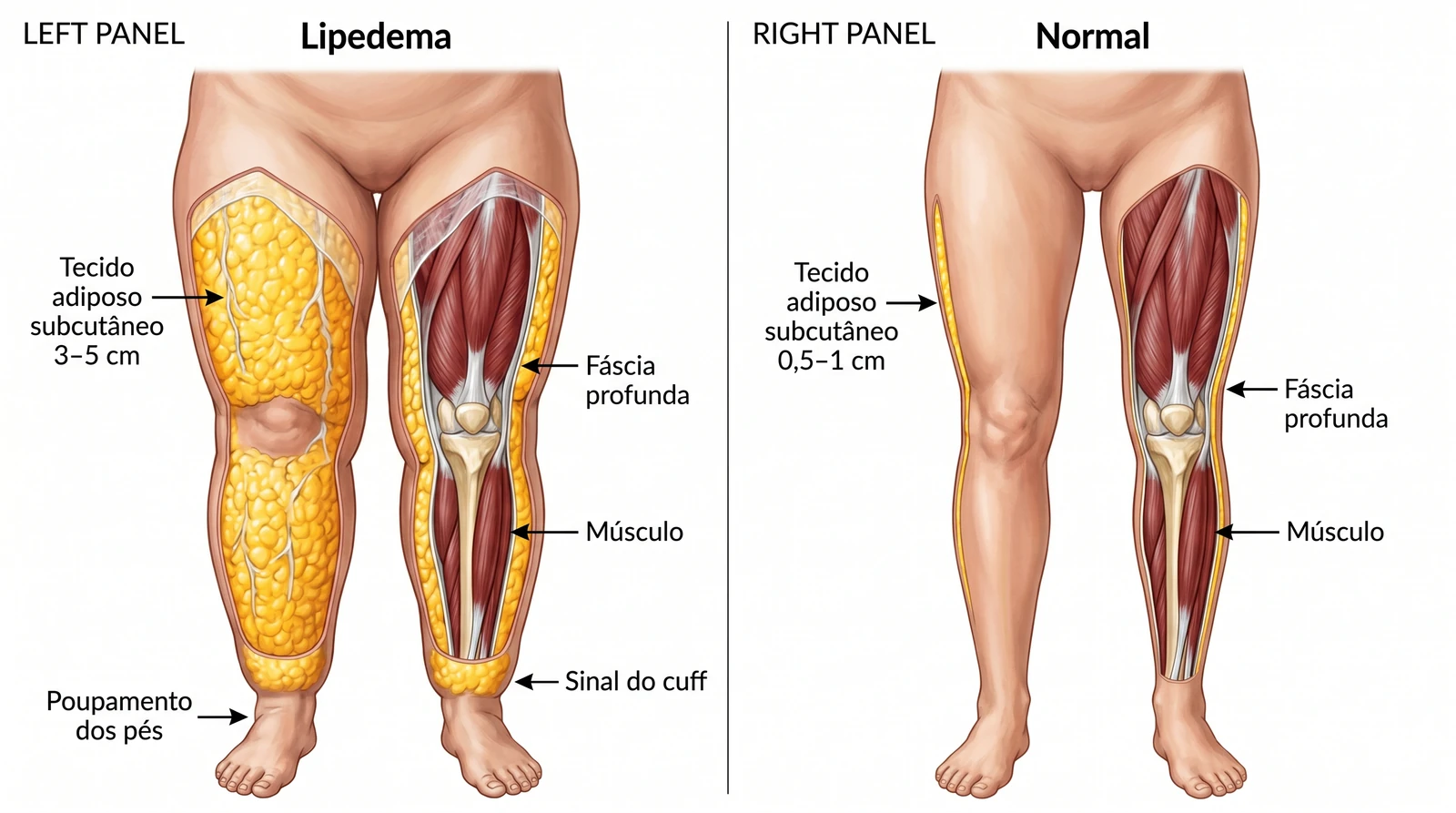 Fig. 1 — Distribuição bilateral do lipedema nos membros inferiores com preservação característica dos pés, em contraste com perna sem a condição.