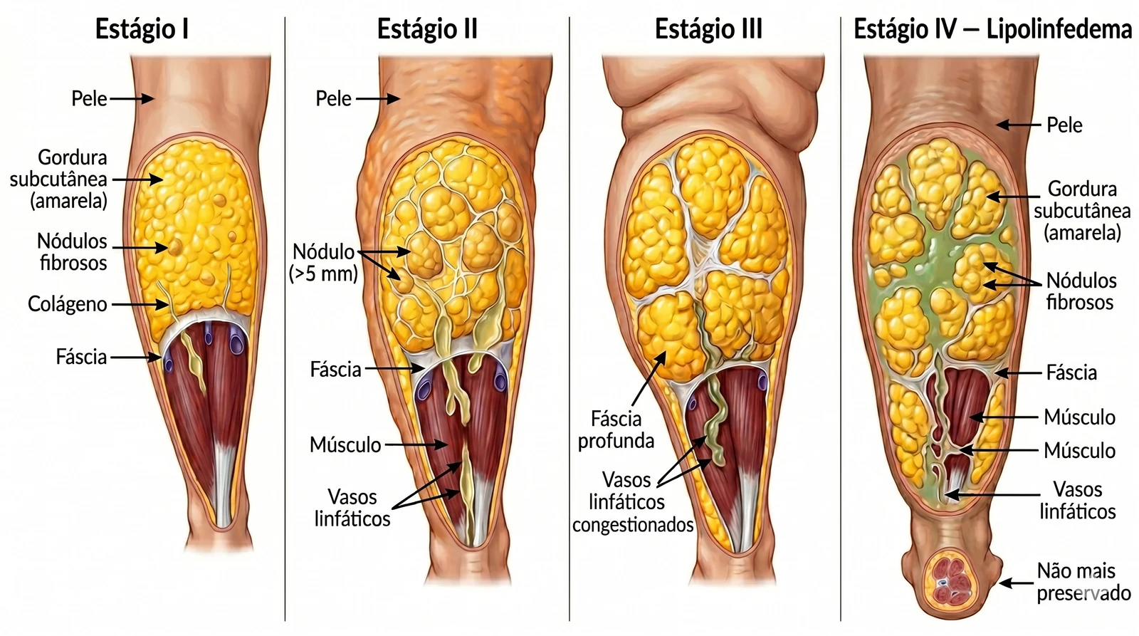 Fig. 2 — Progressão morfológica do lipedema do estágio I (pele lisa) ao estágio IV — lipolinfedema com grandes lobos de tecido adiposo e comprometimento linfático associado.
