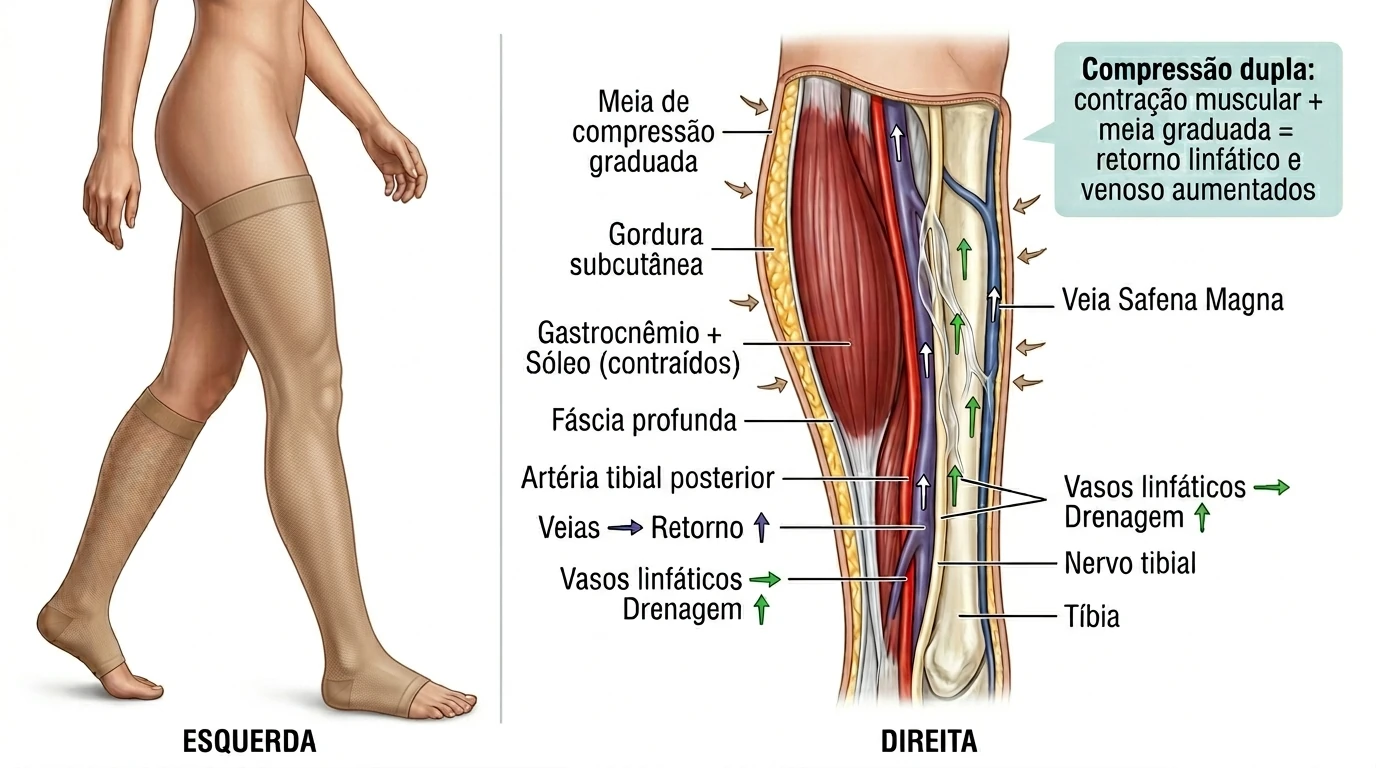 Fig. 6 — Compressoterapia no lipedema: meia de compressão graduada em uso e corte transversal da perna mostrando como a compressão potencializa o retorno venoso e a drenagem linfática.